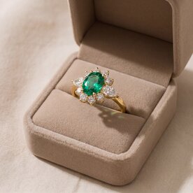 18kt Yellow Gold .78 Emerald .83 Diamond Cluster Ring