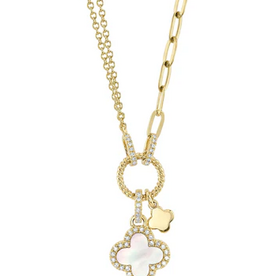 SHY CREATION INC 14K Yellow Gold .12C Diamond & Mother-Of-Pearl Clover Paper Clip Necklace