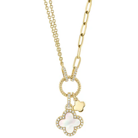 SHY CREATION INC 14K Yellow Gold .12C Diamond & Mother-Of-Pearl Clover Paper Clip Necklace