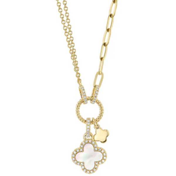 SHY CREATION INC 14K Yellow Gold .12C Diamond & Mother-Of-Pearl Clover Paper Clip Necklace
