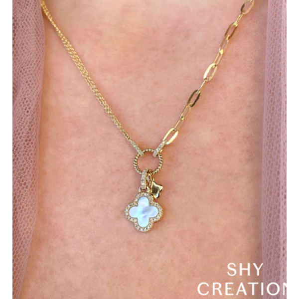 SHY CREATION INC 14K Yellow Gold .12C Diamond & Mother-Of-Pearl Clover Paper Clip Necklace