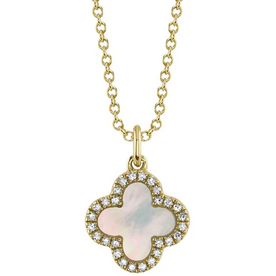 SHY CREATION INC 14kt Yellow Gold .15 Diamond .88 Onyx MOP Clover Reversible Necklace