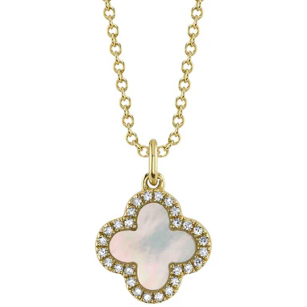 SHY CREATION INC 14kt Yellow Gold .15 Diamond .88 Onyx MOP Clover Reversible Necklace