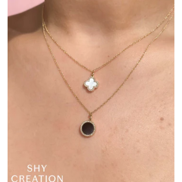 SHY CREATION INC 14kt Yellow Gold .15 Diamond .88 Onyx MOP Clover Reversible Necklace