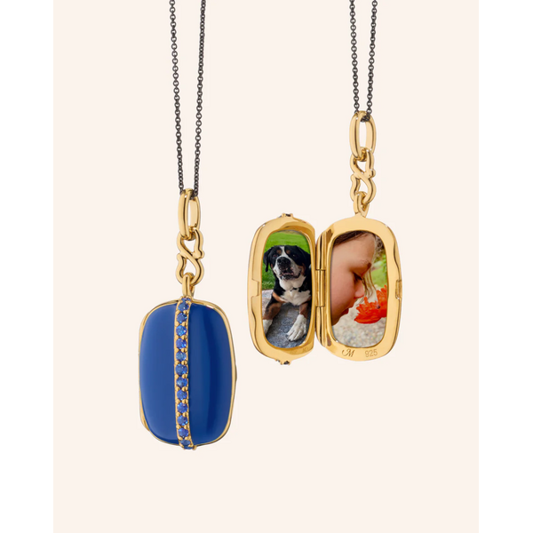MONICA RICH KOSANN Blue Enamel Vermeil Cushion Locket with Blue Sapphires 18K Yellow Gold over Sterling Silver.
