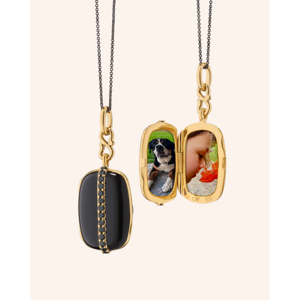 MONICA RICH KOSANN Black Enamel Vermeil Cushion Locket with Black Diamonds 18K Yellow Gold over Sterling Silver.