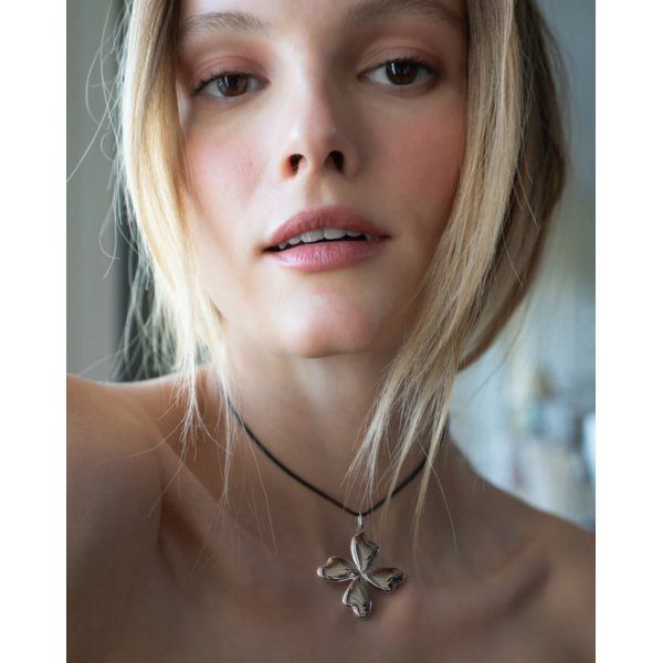 MONICA RICH KOSANN "Lucky" Four Leaf Clover Necklace in Sterling Silver on 20" Black Cord Necklace