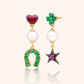 MONICA RICH KOSANN Special Edition "Tokens of Luck" Mismatched Earrings with Freshwater Pearls, Emerald, and Sapphires