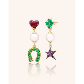 MONICA RICH KOSANN Special Edition "Tokens of Luck" Mismatched Earrings with Freshwater Pearls, Emerald, and Sapphires