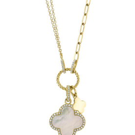SHY CREATION INC 14ky .17 Diamond 1.36 MOP Clover Paper Clip Necklace