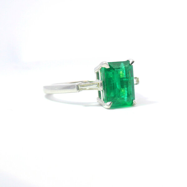 18kt White Gold  2.45 Emerald .20 Diamond 3 Stone Ring