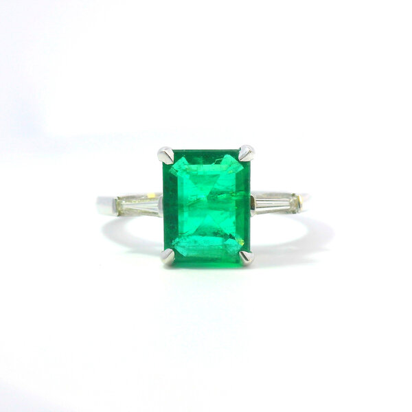 18kt White Gold  2.45 Emerald .20 Diamond 3 Stone Ring