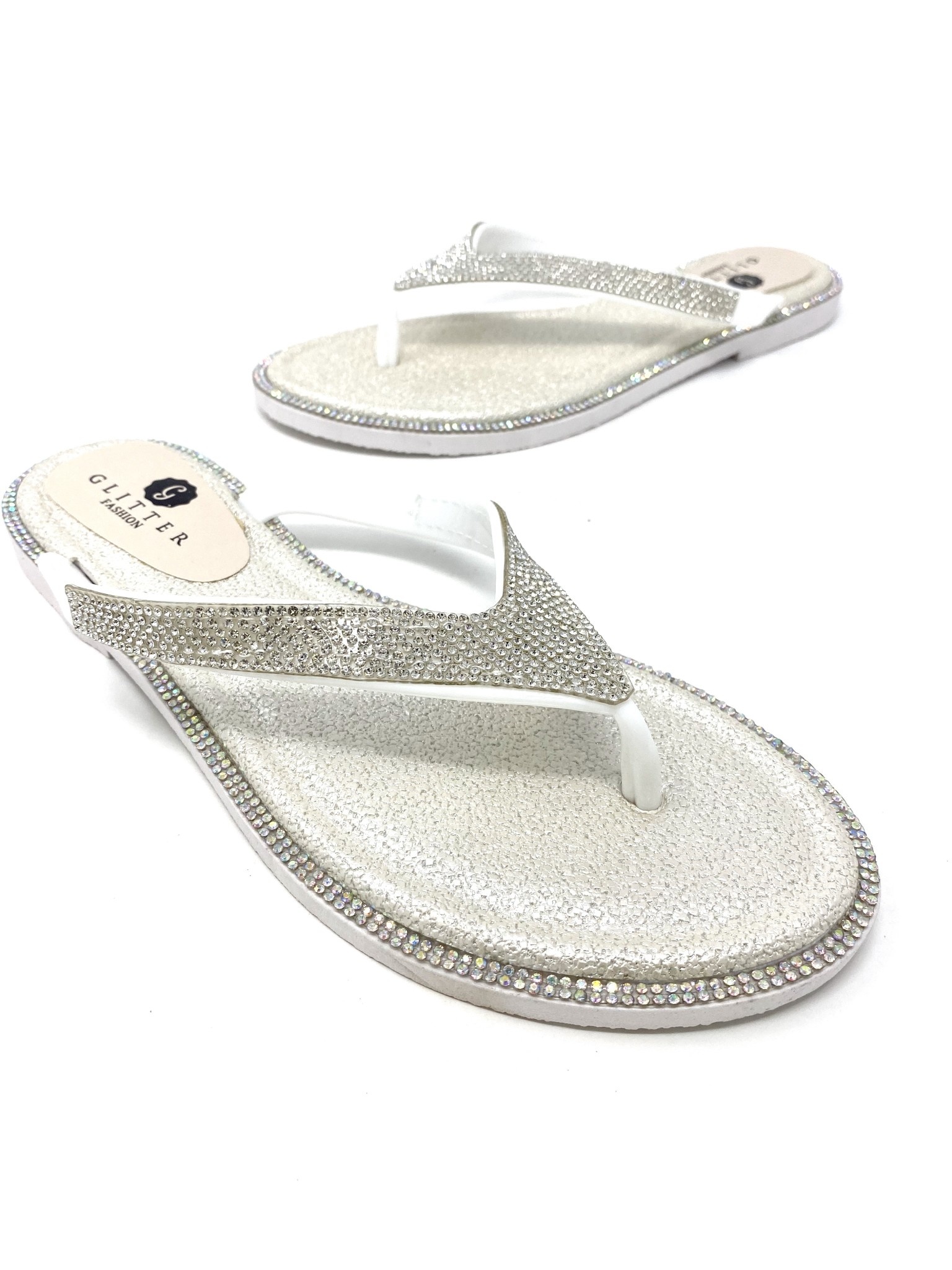 white sparkly flat sandals
