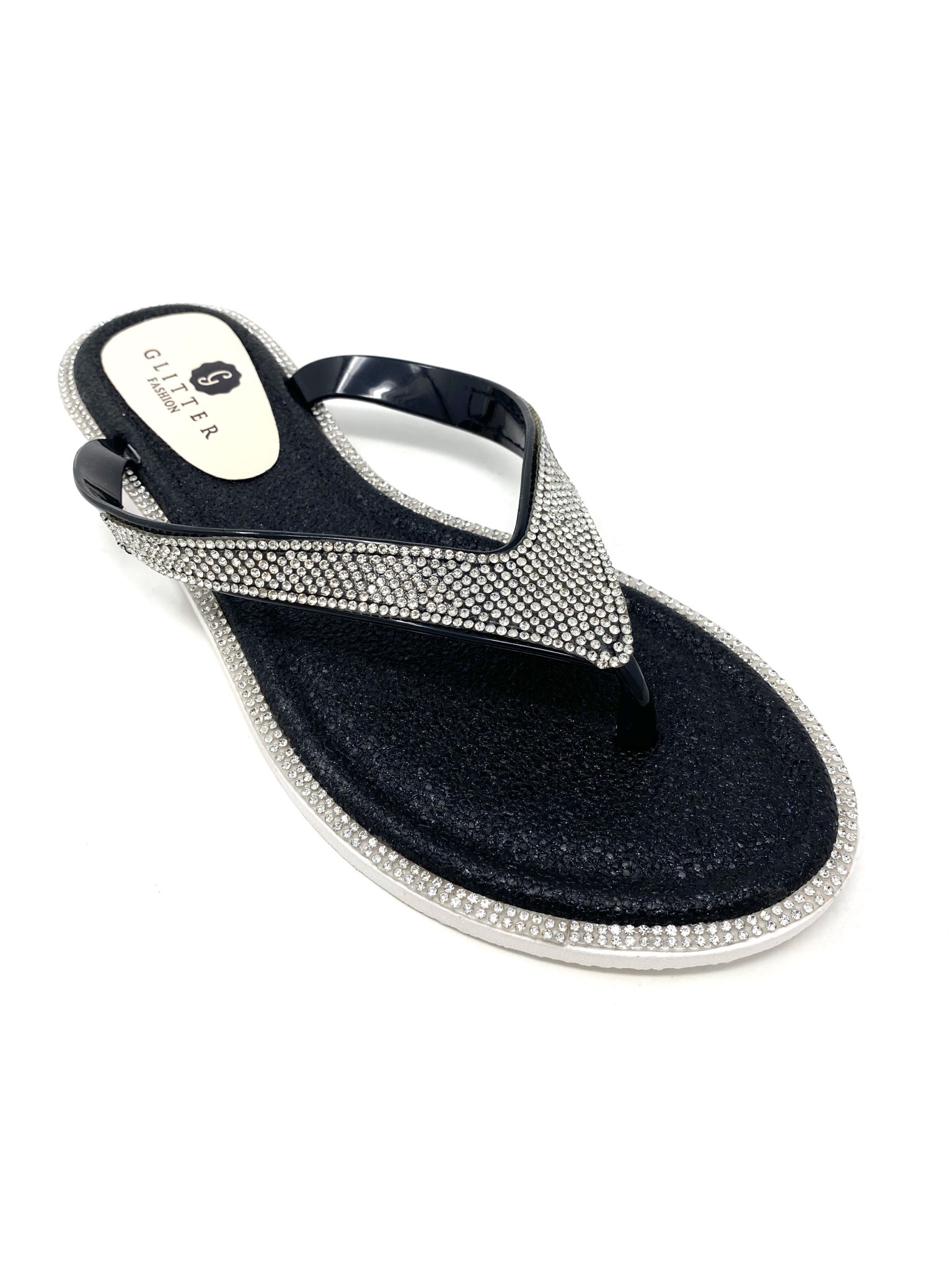 black glitter flat sandals