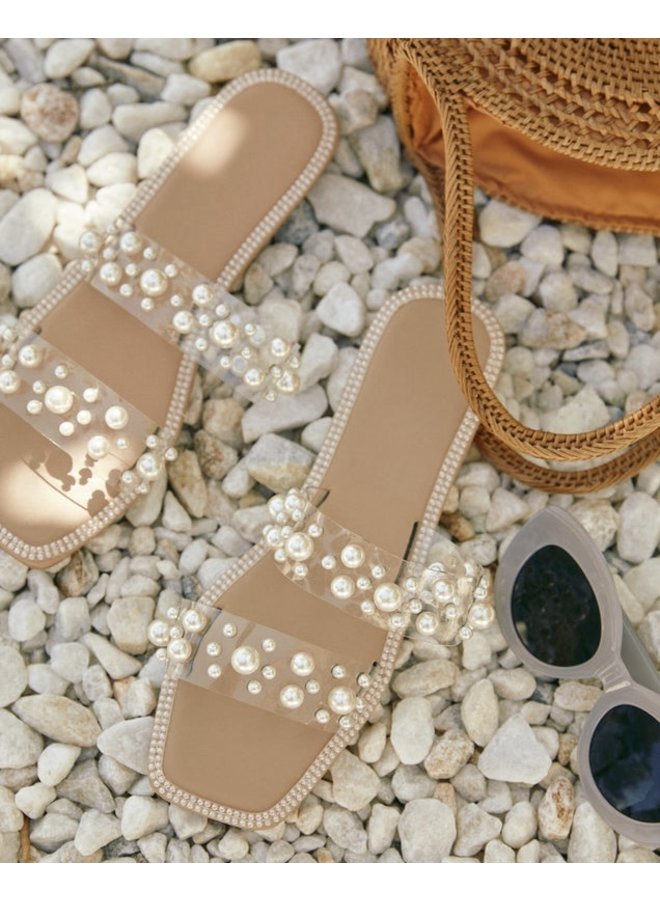 Afia Pearls Flat Sandal - Clear/White - GLITTER FASHION