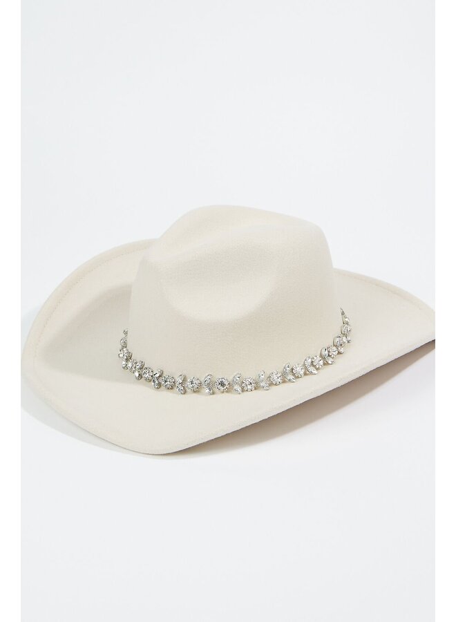 Flower Rhinestone Chain Strap Cowboy Hat - Ivory