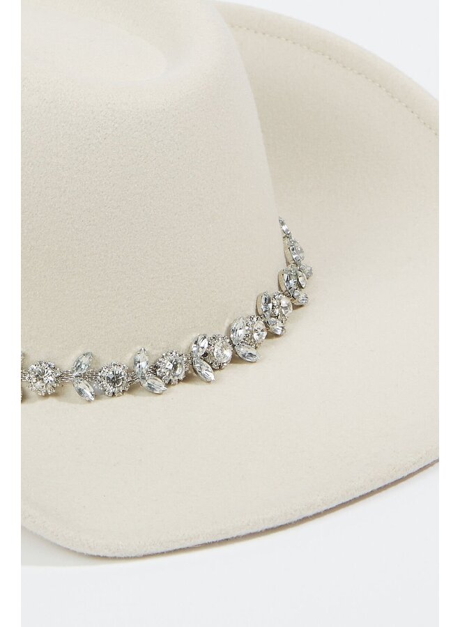 Flower Rhinestone Chain Strap Cowboy Hat - Ivory