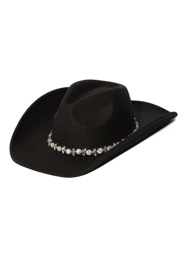 Flower Rhinestone Chain Strap Cowboy Hat - Black