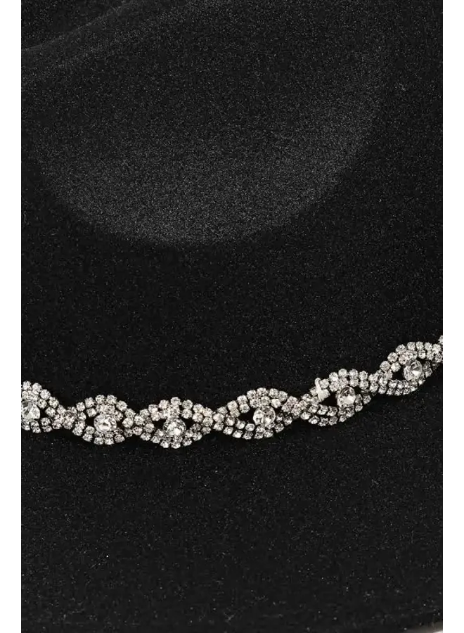 Rhinestone Chain Twist Strap Fedora Hat - Black