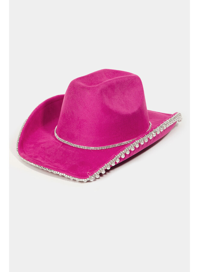 Rhinestone Pearl Trim Cowboy Hat - Fuchsia