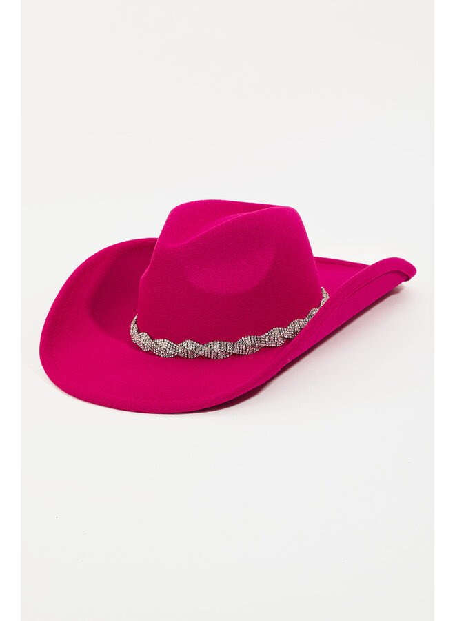 Rhinestone Chain Strap Cowboy Hat - Fuchsia