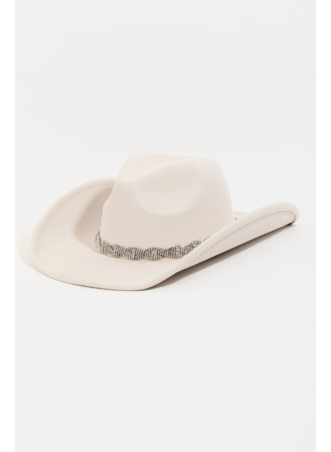 Rhinestone Chain Strap Cowboy Hat - Ivory