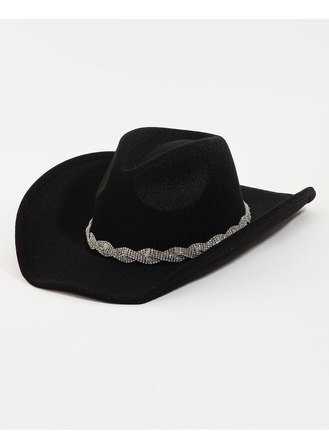 Rhinestone Chain Strap Cowboy Hat - Black