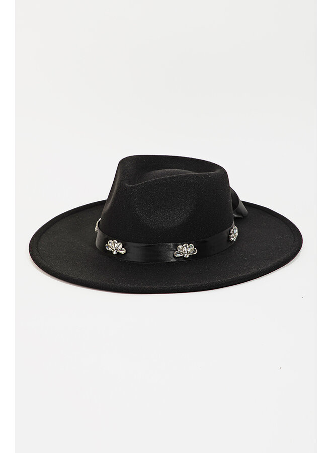 Studded Flower Rhinestone Strap Hat - Black