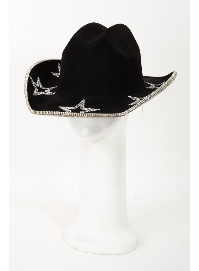 Rhinestone Trim Star Cowboy Hat - Black