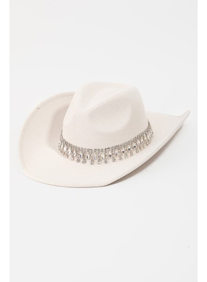 Rhinestone Fringe Chain Cowboy Hat - Ivory