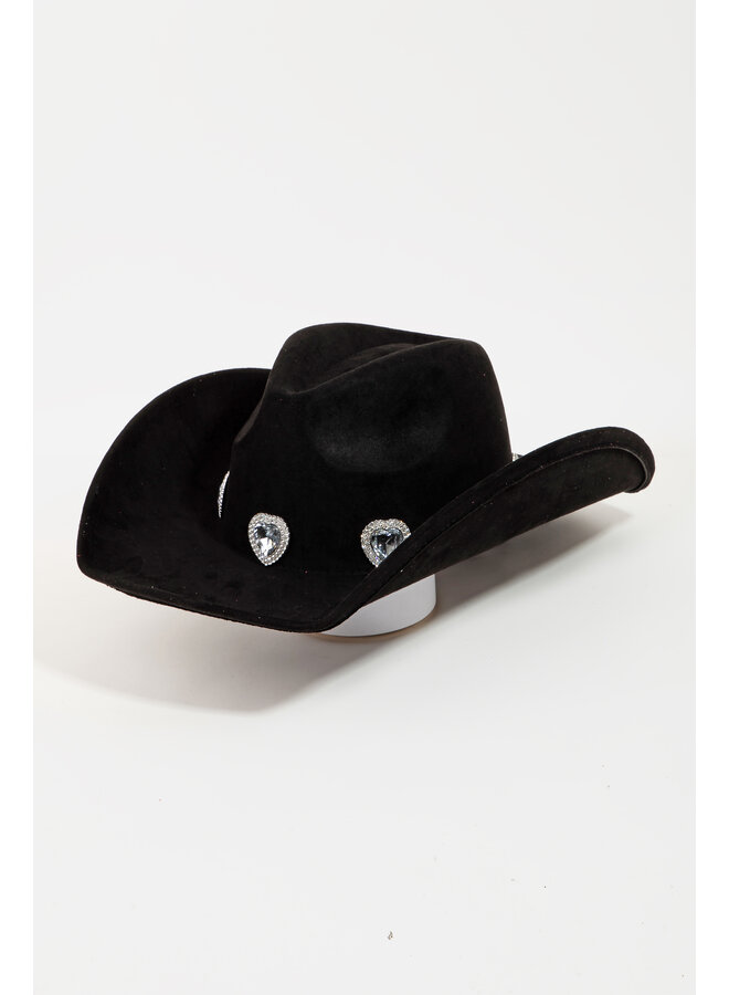 Large Rhinestone Pave Heart Cowboy Hat - Black