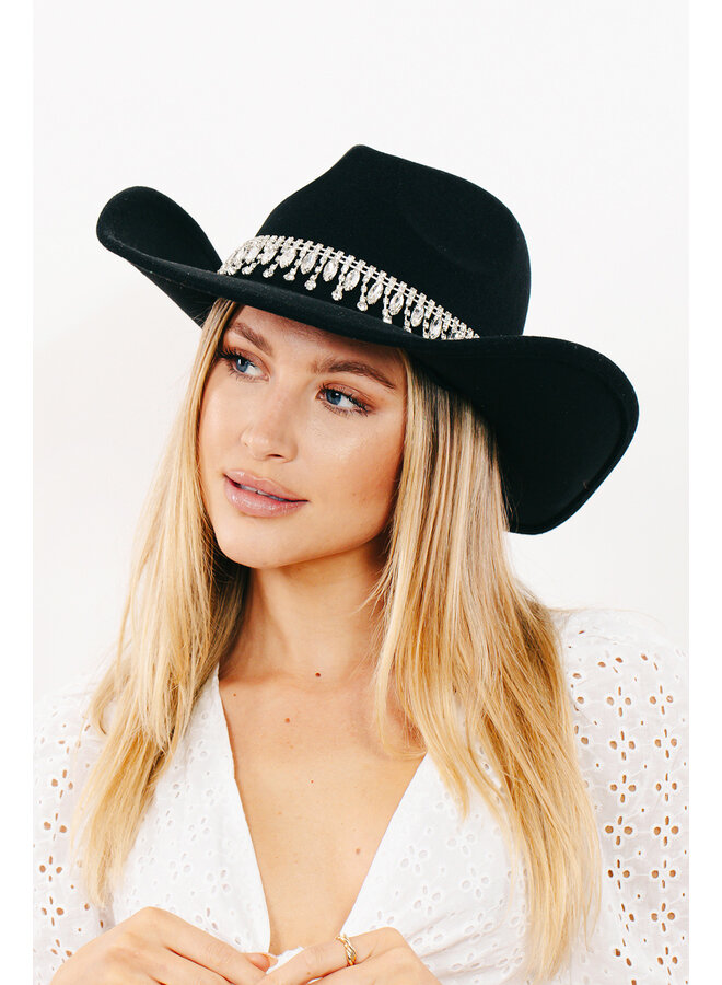 Rhinestone Fringe Chain Cowboy Hat - Black