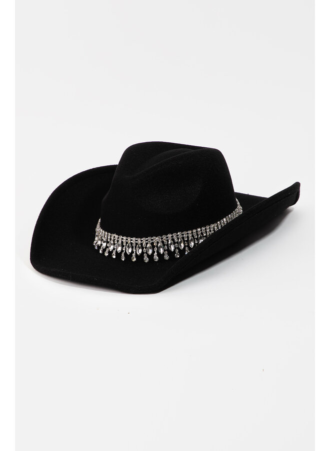 Rhinestone Fringe Chain Cowboy Hat - Black
