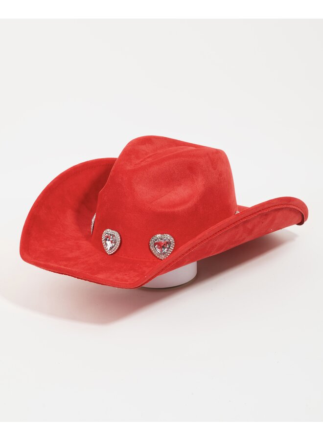 Large Rhinestone Pave Heart Cowboy Hat - Red