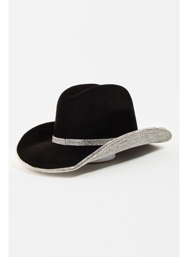 Pave Rhinestone Trim Cowboy Hat - Black