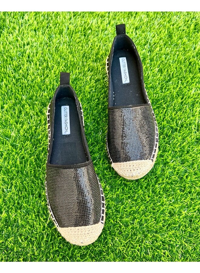 Lotus Rhinestone Espadrilles - Black