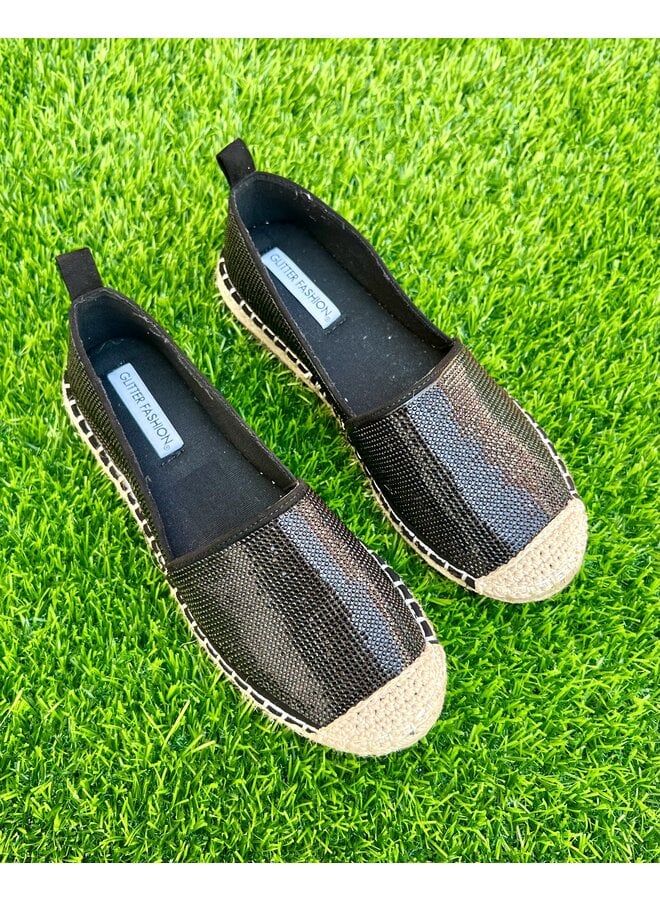 Lotus Rhinestone Espadrilles - Black