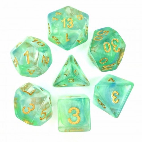 HD Dice DICE SET 7 TRANSLUCENT PEARL SWIRL BLUE & GREEN HD Dice DICE SET 7 TRANSLUCENT PEARL SWIRL BLUE & GREEN