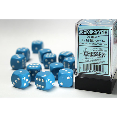 16mm D6 Light Blue//White CHX25616 Chessex Manufacturing Opaque 12