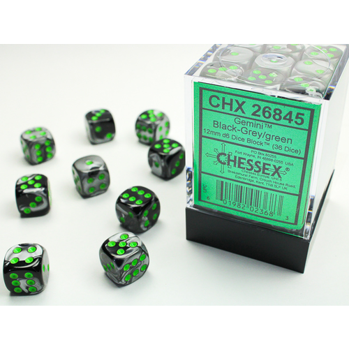 Chessex DICE SET 12mm GEMINI BLACK-GREY w/GREEN