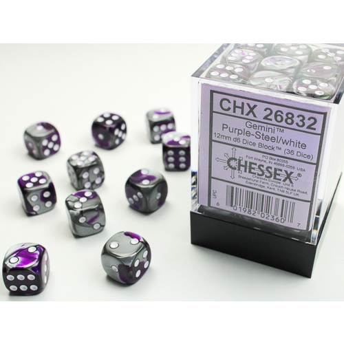 Chessex DICE SET 12mm GEMINI PURPLE-STEEL/WHITE