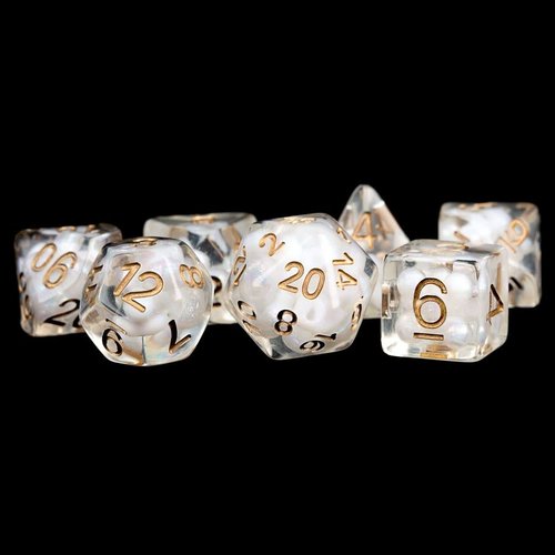 Metallic Dice Games DICE SET 7 PEARL RESIN: CLEAR / COPPER Metallic Dice Games DICE SET 7 PEARL RESIN: CLEAR / COPPER