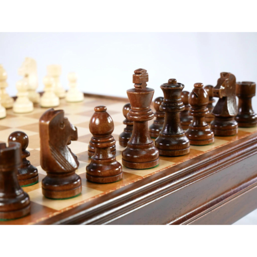 WorldWise Imports CHESS SET 3" GERMAN BOXWOOD CHESSMEN on 15"/1.75" WALNUT & MAPLE CHEST