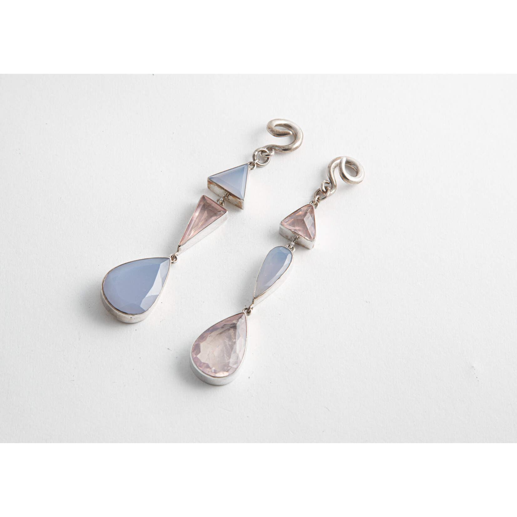 Diablo Organics Diablo Organics silver-set asymmetrical triple dangle with blue chalcedony and rose quartz on small classic coil