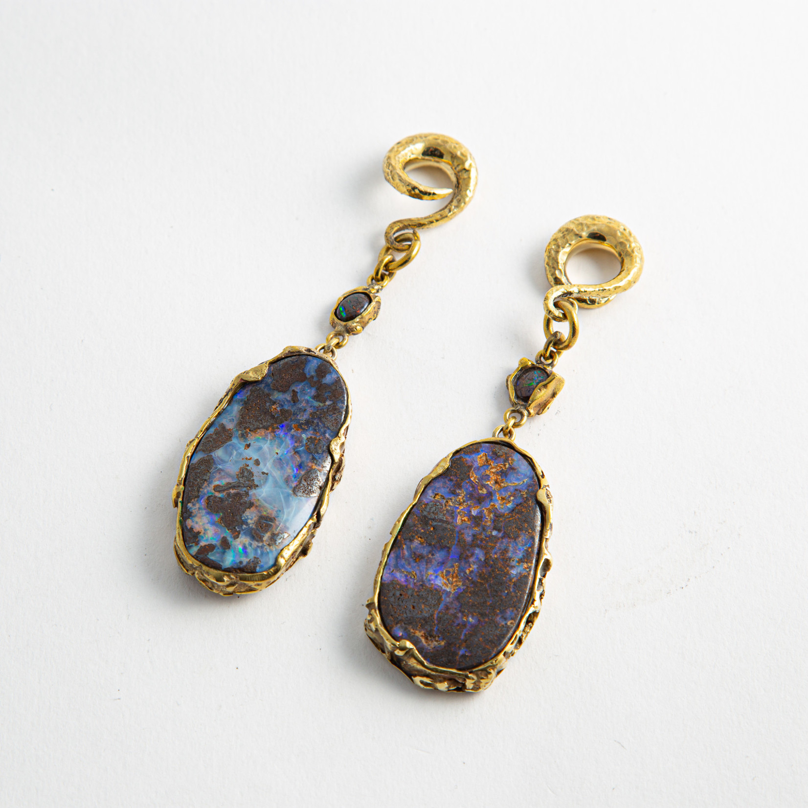 Diablo Organics Diablo Organics brass set boulder opal with black opal accent on large, distressed, classic coil