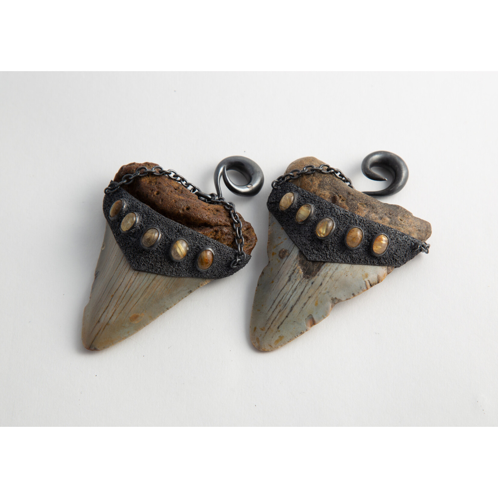 Diablo Organics Diablo Organics Large Megalodon teeth with rutilated quartz and oxidized silver hardware on large oxidized silver classic coils
