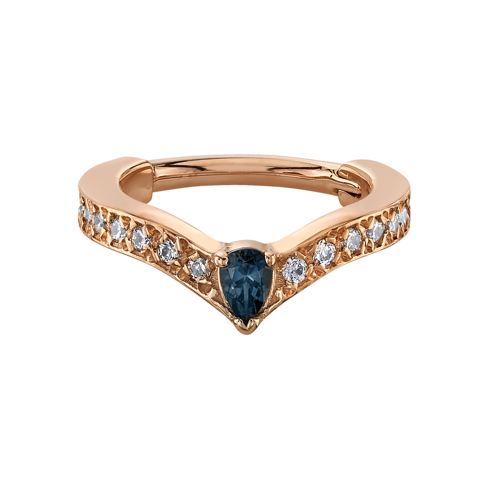 BVLA BVLA 16g 3/8 rose gold  "Cherish Pear" clicker with 3x2 AA London Blue Topaz pear and 18x 1.0 CZ