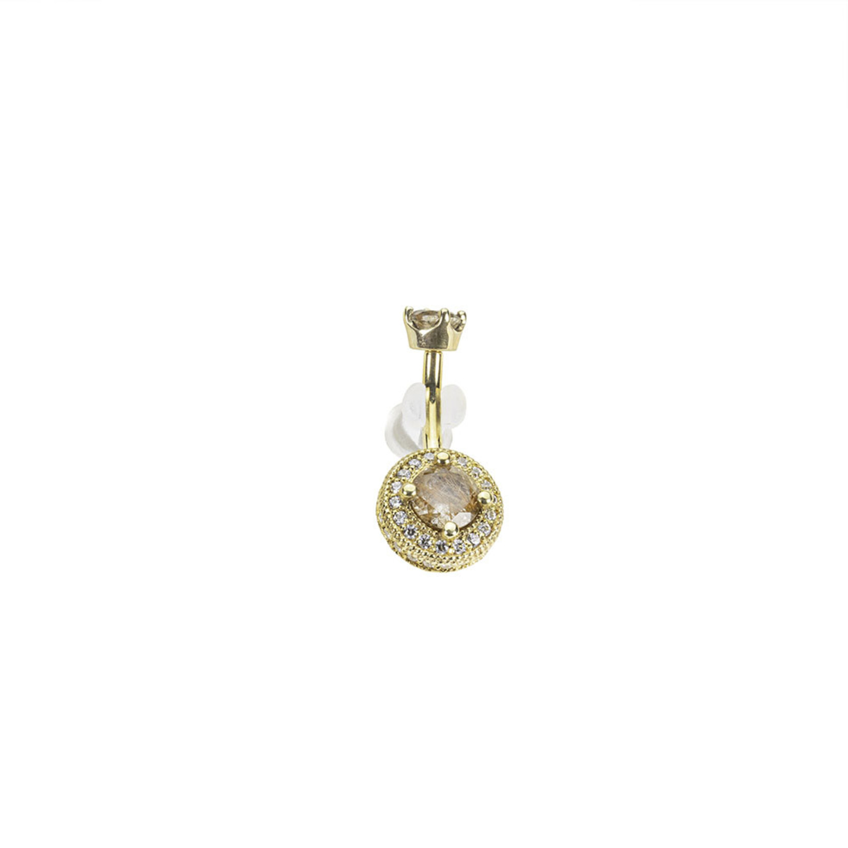 BVLA BVLA 14g 3/8 yellow gold "Halo" navel curve with 4.0 prong set rutilated quartz top and a 5.0 rutilated quartz center surrounded by 1.25 & 1.0 CZ