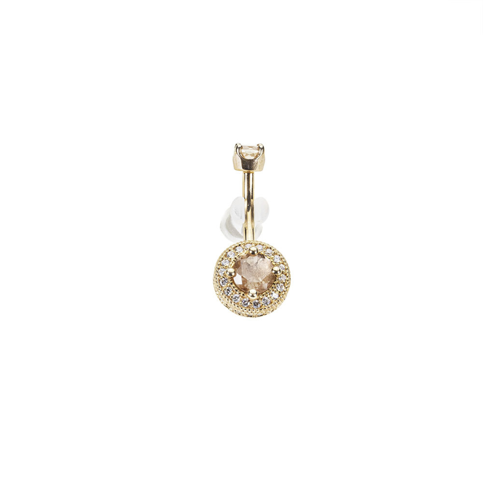 BVLA BVLA 14g 3/8 rose gold "Halo" navel curve with 4.0 prong set Oregon Sunstone top and a 5.0 Oregon Sunstone  center surrounded by 1.25 & 1.0 CZ