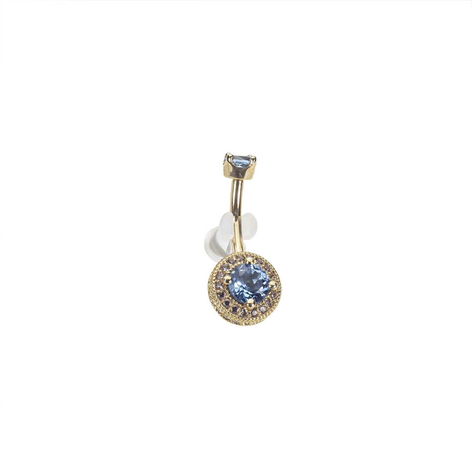 BVLA BVLA 14g 3/8 rose gold "Halo" navel curve with 4.0 prong set Swiss blue topaz top and a 5.0 Swiss blue topaz  center surrounded by 1.25 light amethyst & 1.0 CZ